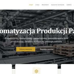 Nexona - Zrzut ekranu strony internetowej 'APS automaty do palet' z nagłówkiem 'Automatyzacja Produkcji Palet' na tle fabryki z robotami i paletami na taśmie, z otwartym menu wyboru języka.