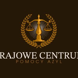 KRAJOWE CENTRUM POMOCY AZYL SPÓŁKA Z OGRANICZONĄ ODPOWIEDZIALNOŚCIĄ - Złote logo z wagą sprawiedliwości i promieniami słońca, otoczone wieńcem laurowym, na ciemnobrązowym tle. Pod spodem biały napis 'KRAJOWE CENTRUM' i brązowy 'POMOCY AZYL'.