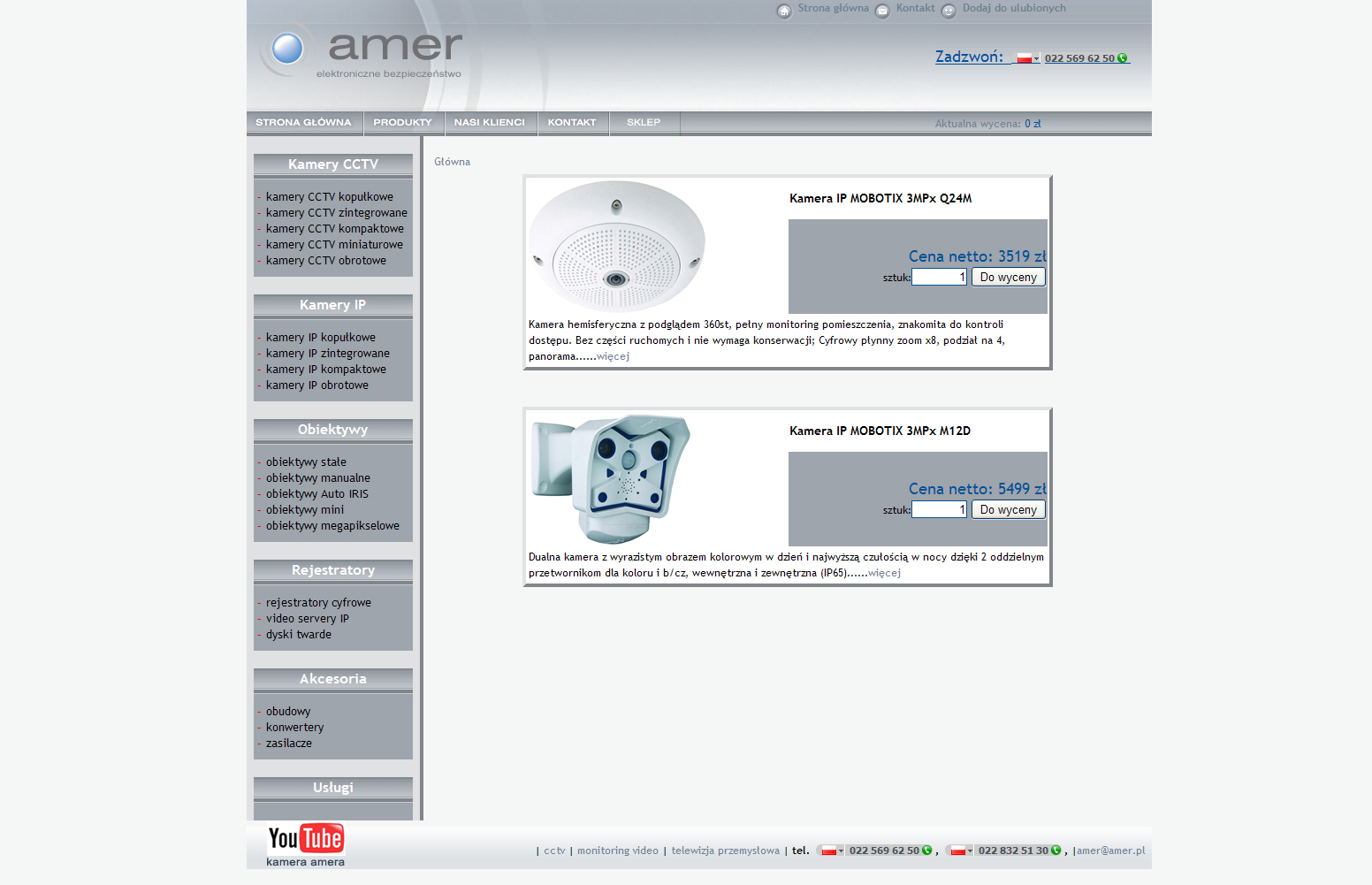 Strona internetowa firmy oferującej systemy zabezpieczeń, prezentująca kamery IP MOBOTIX z cenami i opisami, w tym kamera hemisferyczna 360 stopni i dualna kamera z czujnikiem dzień/noc.