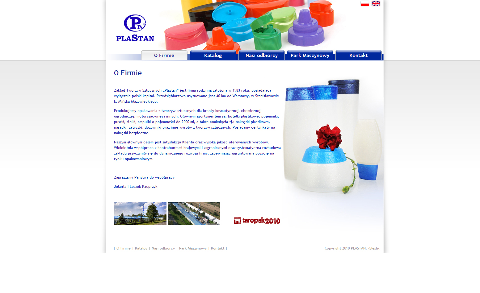 Strona internetowa firmy Plastan z ofertą opakowań z tworzyw sztucznych, widoczne plastikowe nakrętki i butelki kosmetyczne, logo firmy w lewym górnym rogu.