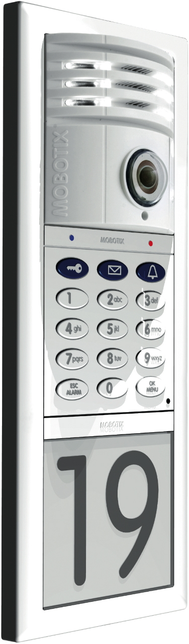 Biały panel domofonu Mobotix z klawiaturą numeryczną, kamerą i numerem 19, przeznaczony do instalacji teletechnicznych.