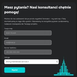 Web-Capital.pl - Strony internetowe - projektowanie i tworzenie - Formularz kontaktowy na ciemnym tle z polami na imię, email, telefon i wybraną usługą 'Strony internetowe od A do Z', obok stylizowana grafika wysokiego budynku.