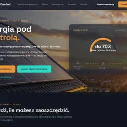 Nelcore Digital Studio - Strona główna witryny 'Energy Comfort' z ciemnym tłem, panele fotowoltaiczne na dachu o zachodzie słońca, nagłówek 'Energia pod kontrolą' i grafika o oszczędnościach do 70%.