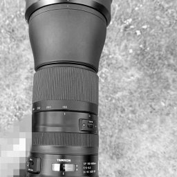 Detektyw Śledczy Krystian Zyśk - Czarno-biały aparat z teleobiektywem Tamron SP 150-600mm F/5-6.3, ujęty z góry, z widoczną dłonią i rozmytym tłem trawy.