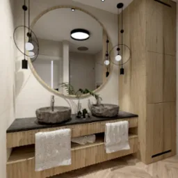 Wizualizacja łazienki z dwoma kamiennymi umywalkami, owalnym lustrem z podświetleniem, drewnianą szafką oraz wiszącymi lampami w stylu industrialnym.