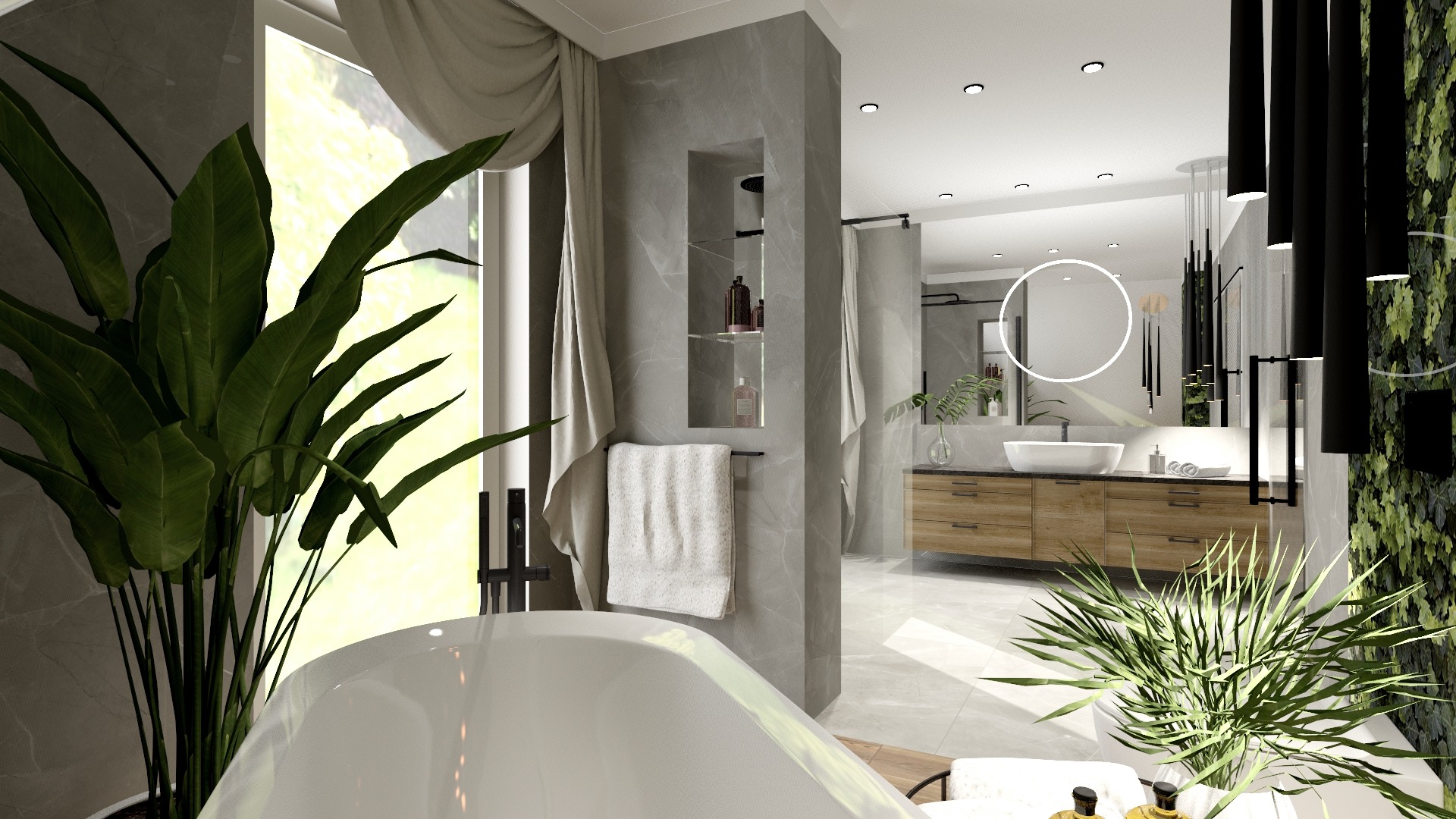 Nowoczesna łazienka z wolnostojącą wanną, drewnianą szafką pod umywalką, dużym lustrem z okrągłą obwódką i roślinami doniczkowymi, wykończona szarym marmurem.