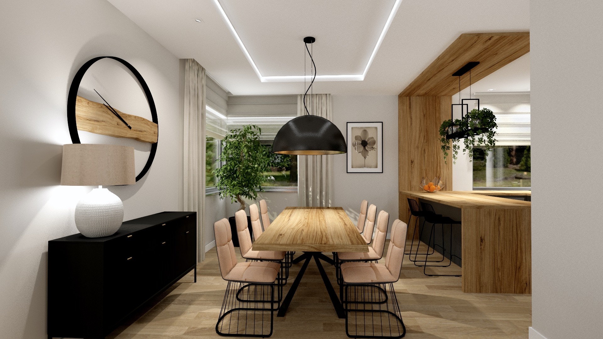 Wizualizacja jadalni z drewnianym stołem na metalowej podstawie, krzesłami z różową tapicerką, czarną komodą z lampą, zegarem z drewnianym elementem oraz otwartą kuchnią z drewnianym blatem...