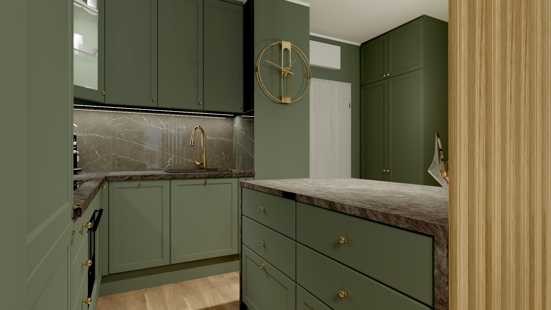 Wizualizacja kuchni w odcieniach zieleni z marmurowym blatem, złotą armaturą i zegarem na ścianie. Wyspa kuchenna z szufladami i drewnianym panelem dekoracyjnym z boku.