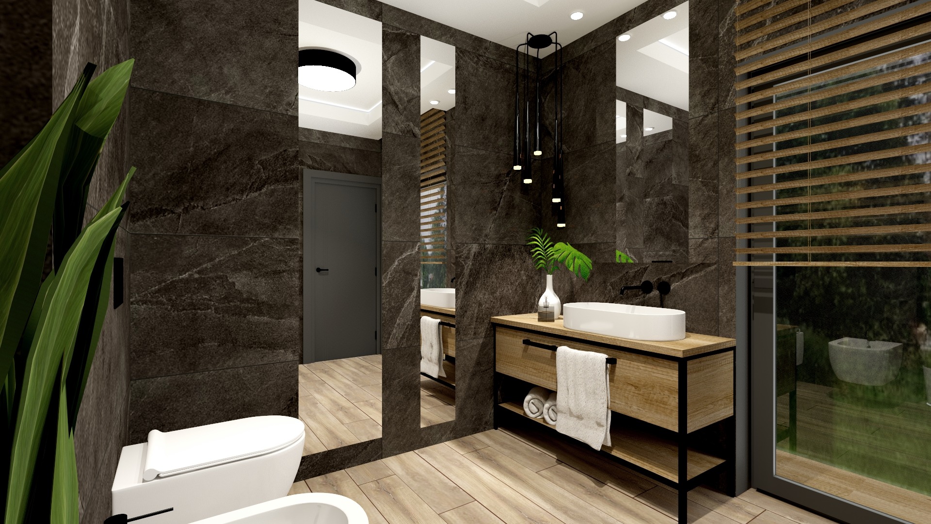 Wizualizacja nowoczesnej łazienki z ciemnymi płytkami imitującymi kamień, drewnianą szafką pod umywalką, wiszącą toaletą i dekoracyjną lampą wiszącą z czarnymi kablami.