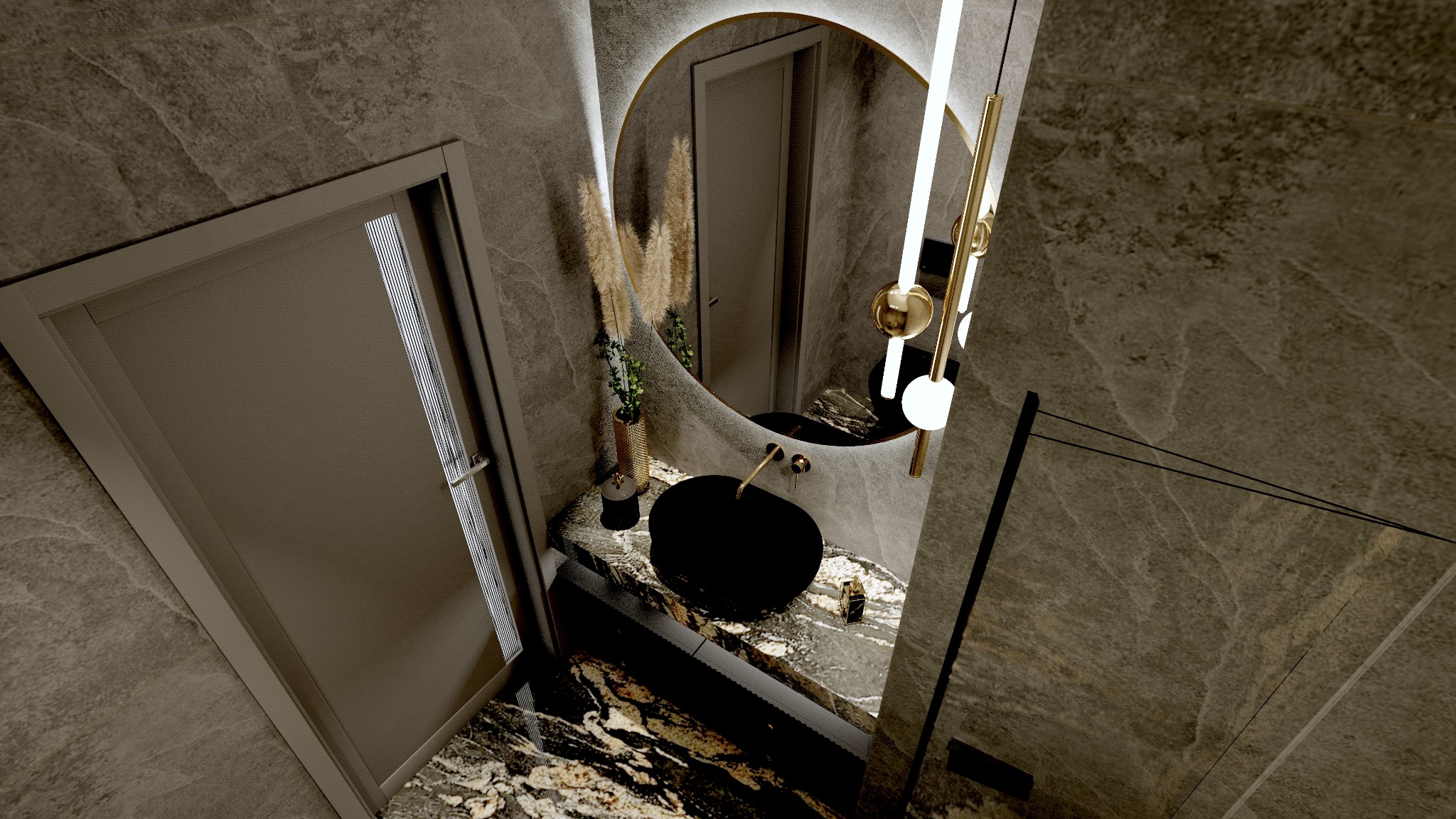 Nowoczesna łazienka z czarną umywalką nablatową, okrągłym lustrem z podświetleniem LED i marmurowymi płytkami ściennymi w odcieniach szarości i beżu.