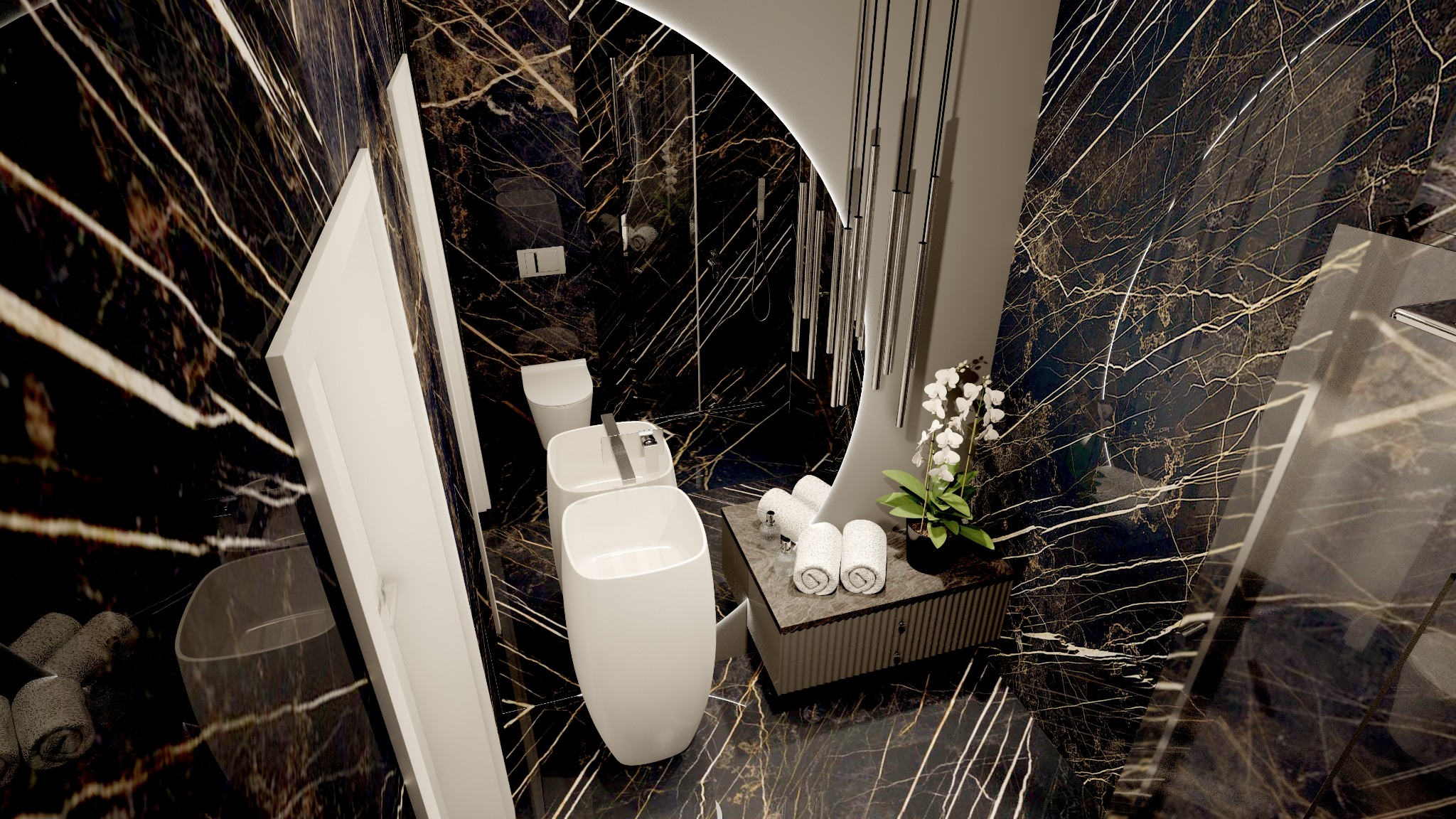 Luksusowa łazienka z czarnym marmurem, białą armaturą i dekoracyjnym lustrem z oświetleniem, widok z góry.