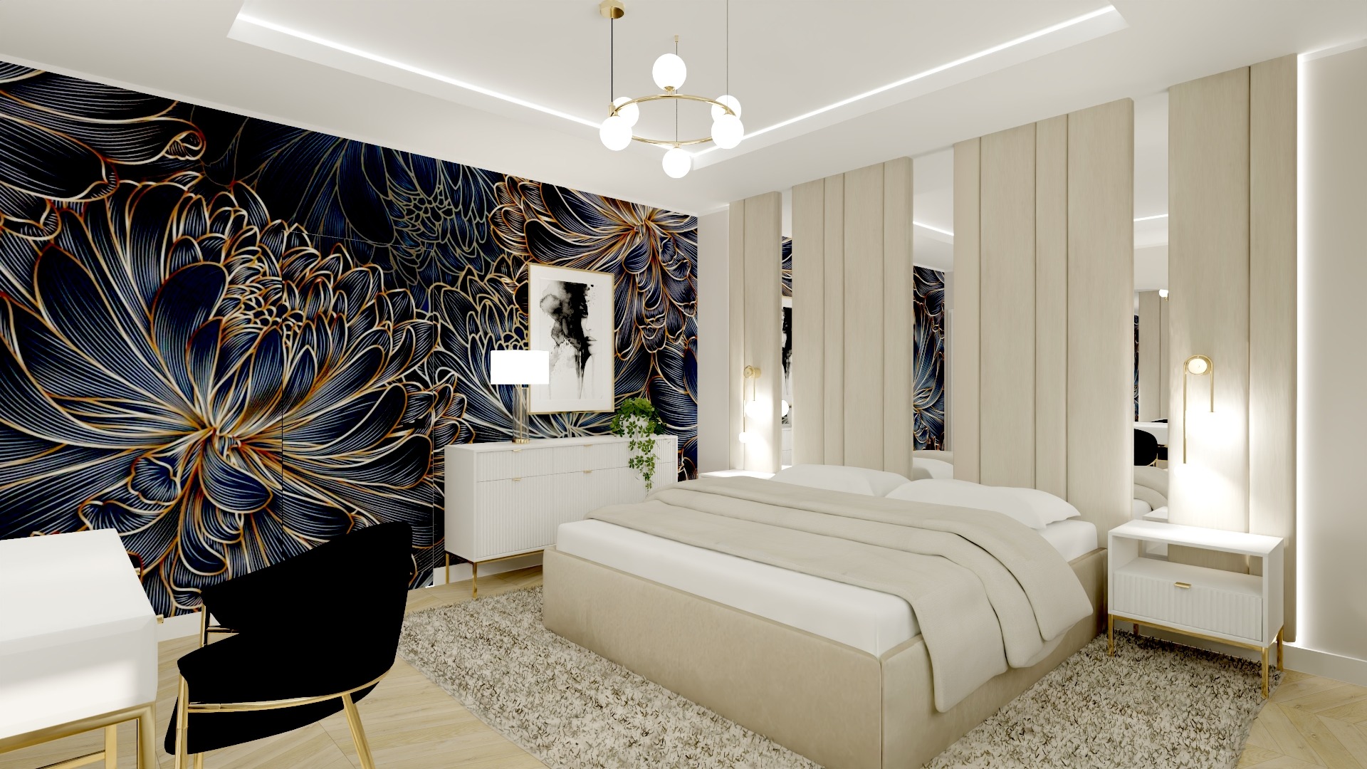 Nowoczesna sypialnia z tapetą w kwiaty, białymi meblami na złotych nóżkach i okrągłą lampą sufitową.