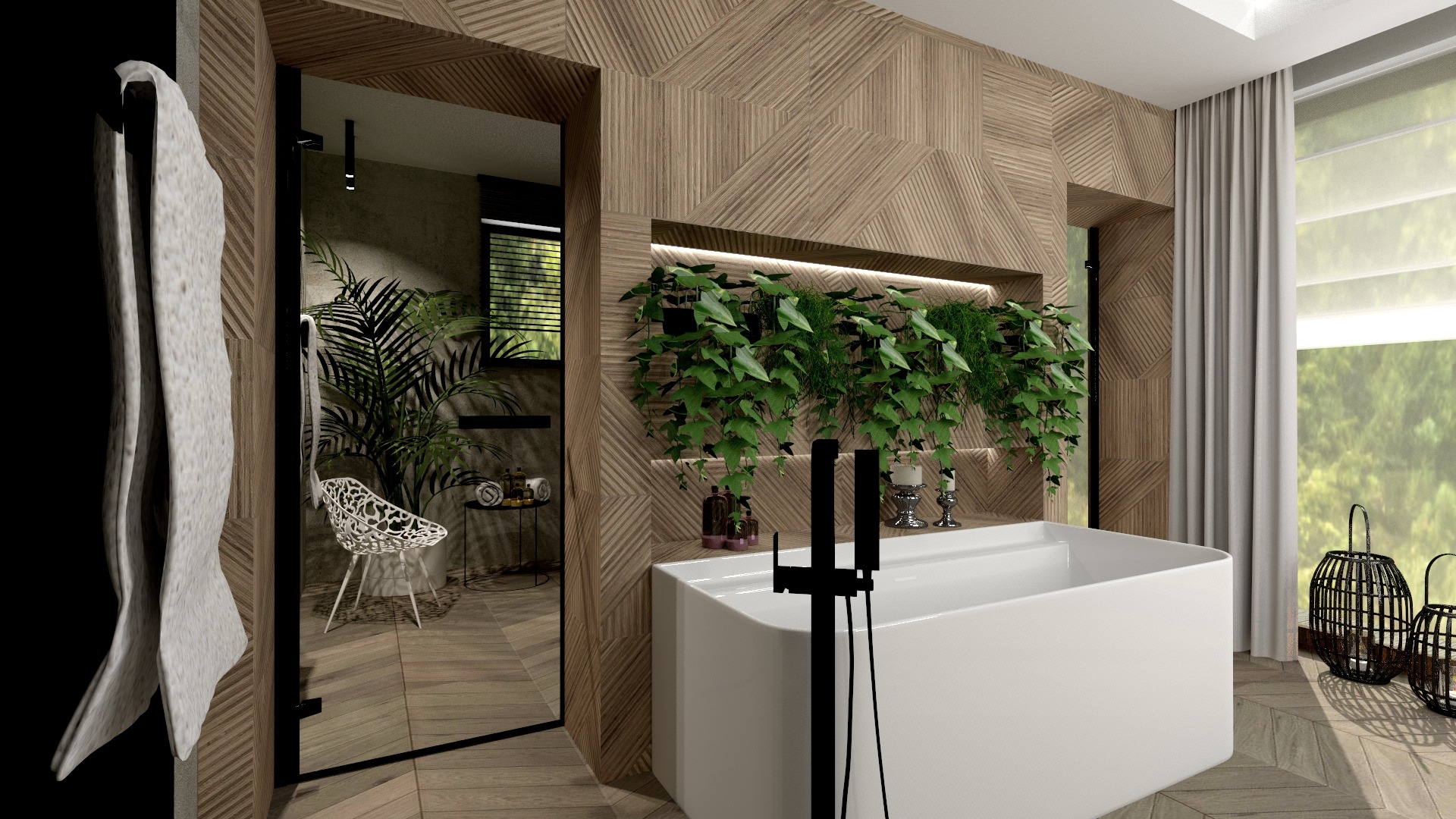 Nowoczesna łazienka z drewnianą ścianą, wiszącymi roślinami nad białą wanną, czarną armaturą i dekoracyjnymi lampionami przy oknie.