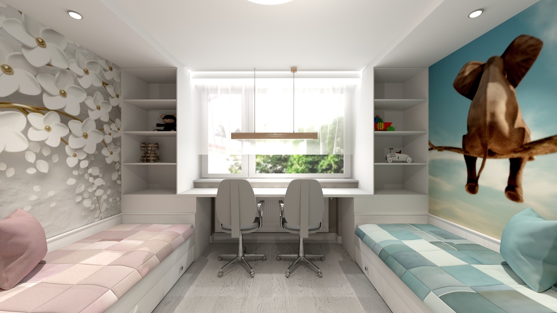 Pokój dziecięcy w Lesznie z dwoma łóżkami z szufladami i biurkiem pod oknem, ściana z tapetą w kwiaty i słoniem, białe meble w zabudowie.