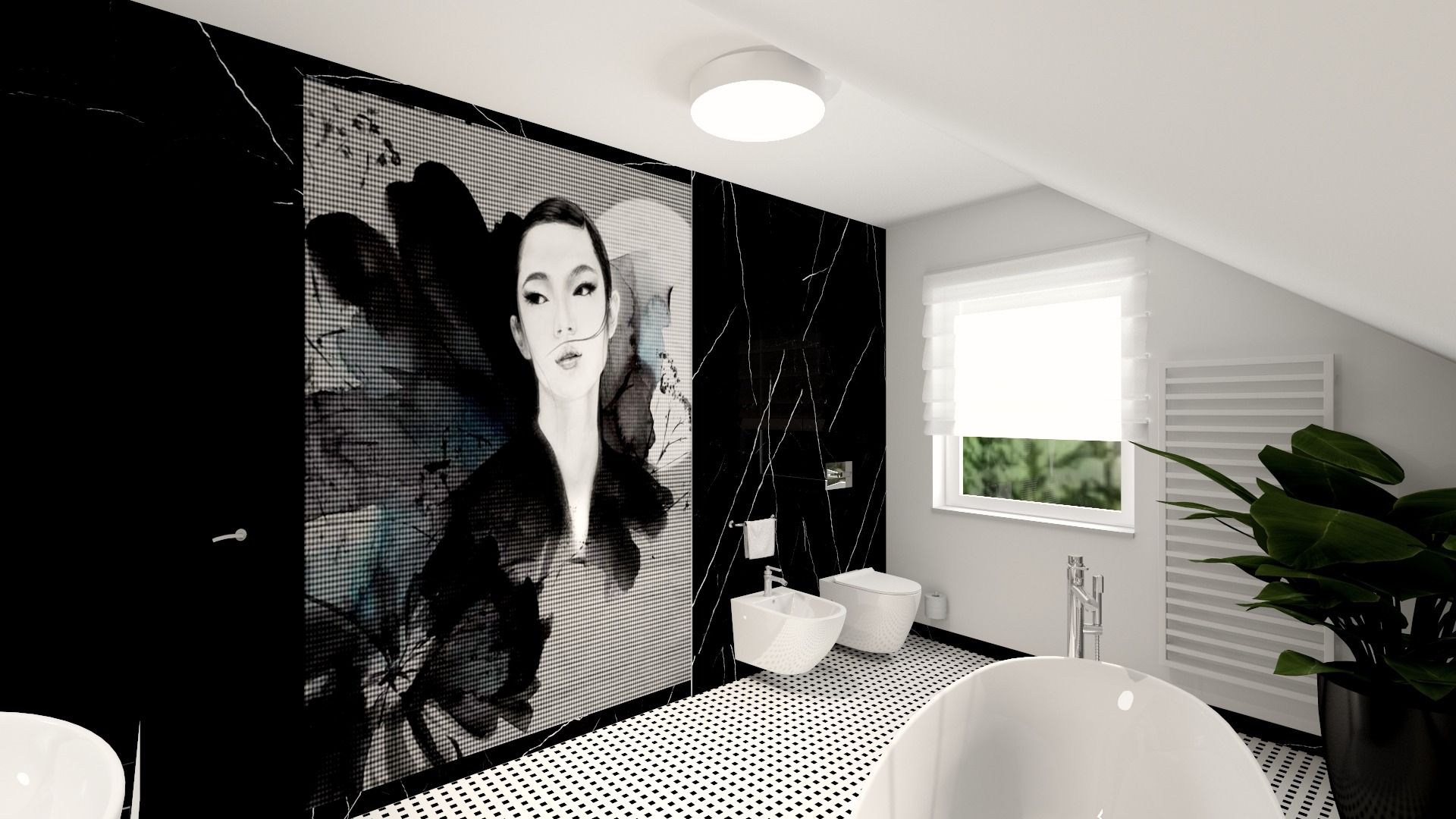 Nowoczesna łazienka w czerni i bieli z akcentem artystycznym w postaci mozaiki z portretem kobiety, wolnostojąca wanna, biała ceramika sanitarna i roślina doniczkowa w tle okna.