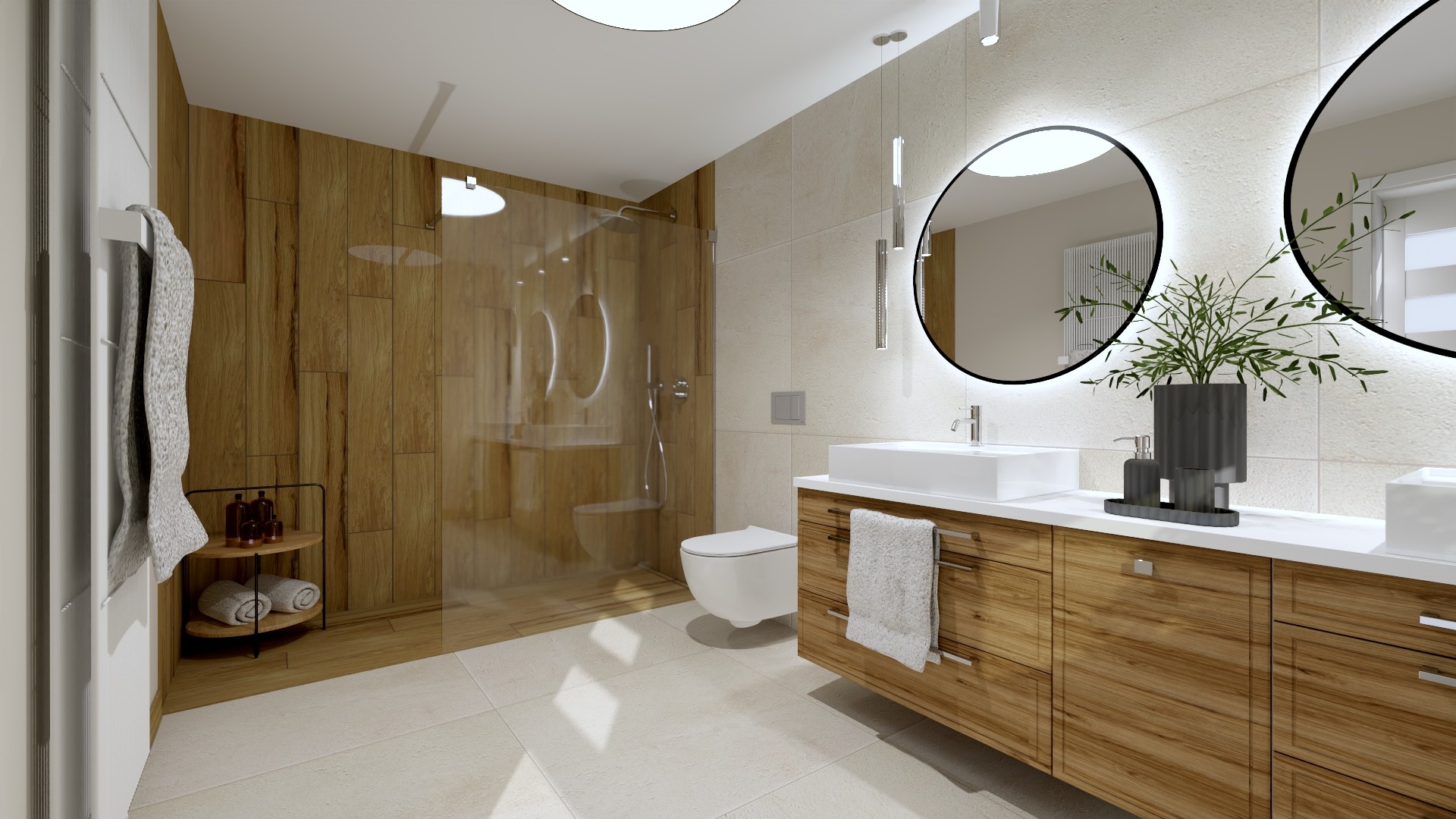 Nowoczesna łazienka z drewnianymi akcentami: kabina prysznicowa walk-in z drewnianą ścianą, umywalka nablatowa na drewnianej szafce, okrągłe lustra z podświetleniem LED, minimalistyczna toaleta...