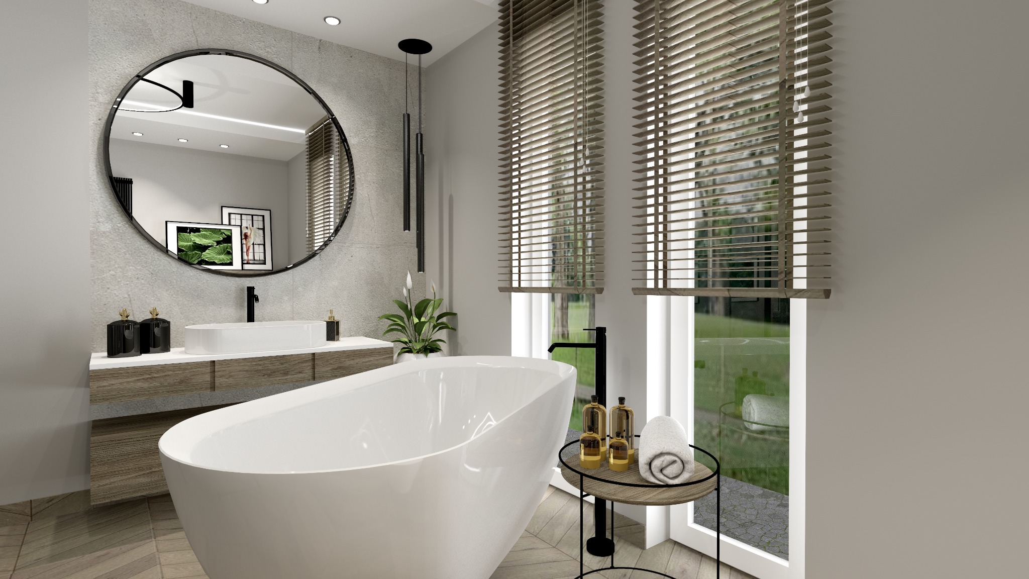 Wizualizacja nowoczesnej łazienki z wolnostojącą wanną, okrągłym lustrem i drewnianymi żaluzjami, z akcentami czerni w armaturze i oświetleniu.
