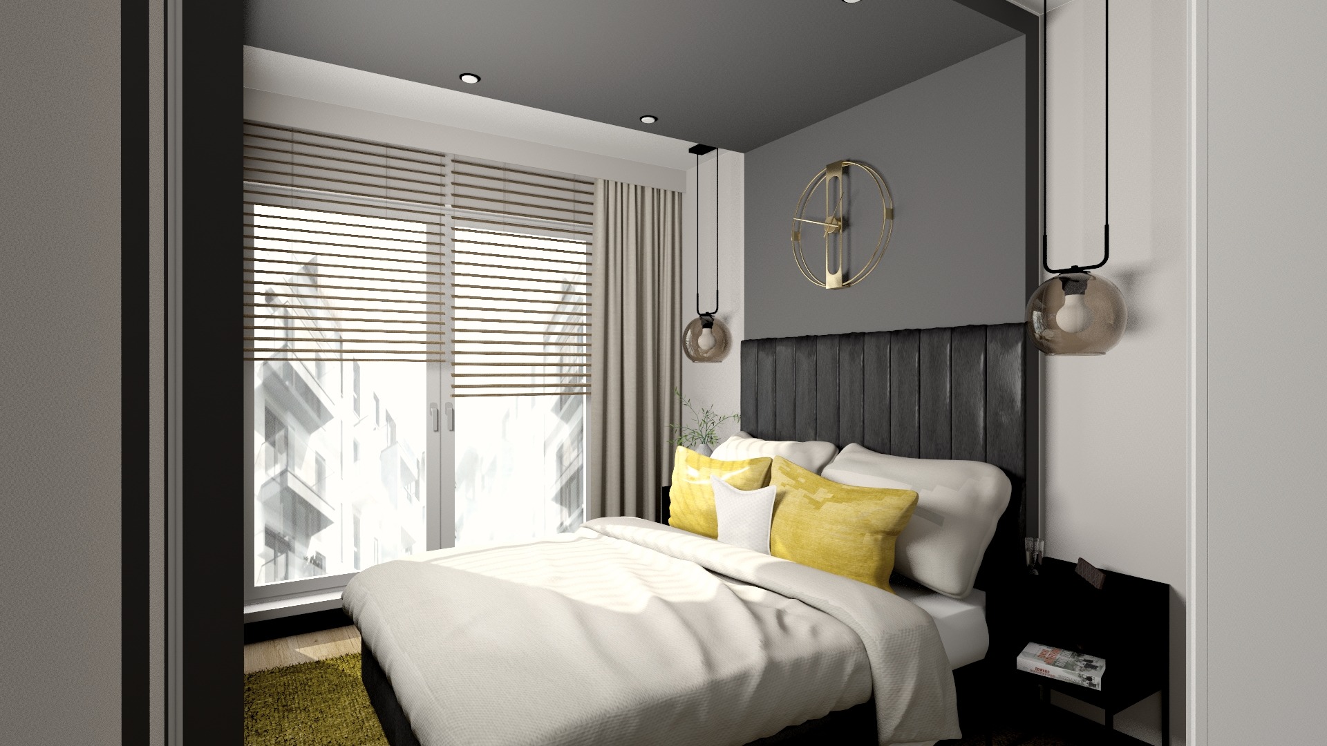Sypialnia z łóżkiem z czarnym zagłówkiem, żółtymi poduszkami i okrągłym, złotym zegarem na szarej ścianie, oświetlona wiszącymi lampami z kulistymi kloszami.