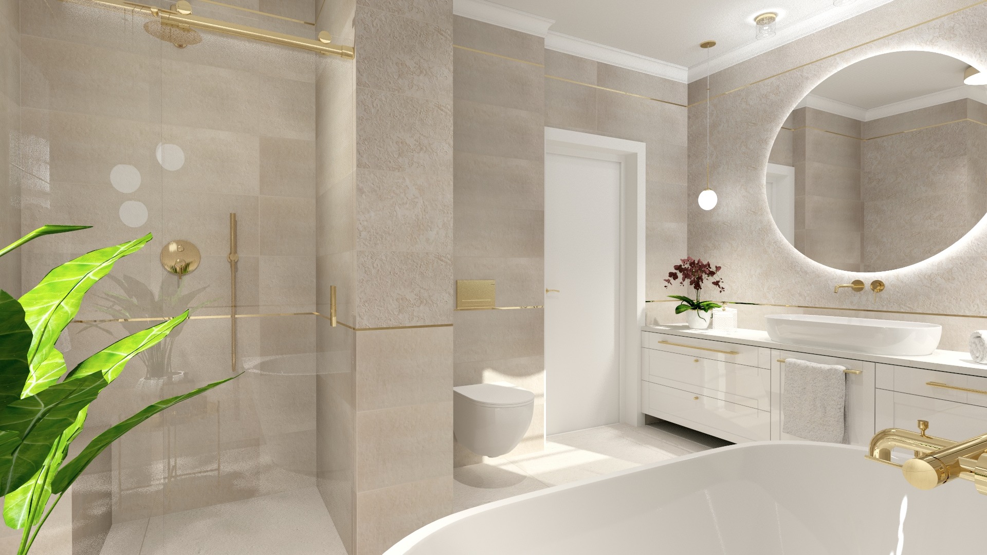 Elegancka łazienka z beżowymi płytkami, złotymi akcentami, okrągłym lustrem z podświetleniem LED, białą armaturą i rośliną doniczkową w rogu.