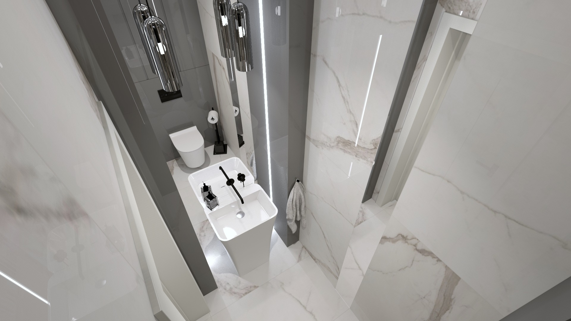 Wizualizacja łazienki z białymi marmurkowymi płytkami, wolnostojącą umywalką z czarną armaturą i wiszącą toaletą, oświetlona przez podłużne, chromowane lampy wiszące.