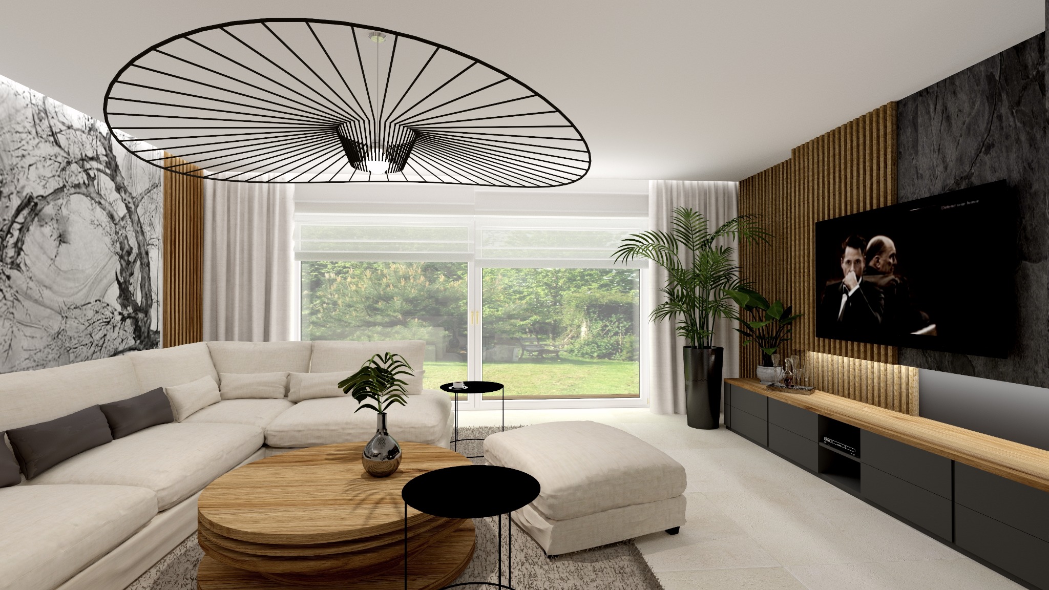 Nowoczesny salon z narożną sofą, okrągłym drewnianym stolikiem kawowym, oryginalną lampą sufitową i telewizorem na tle ściany z elementami drewna i kamienia.