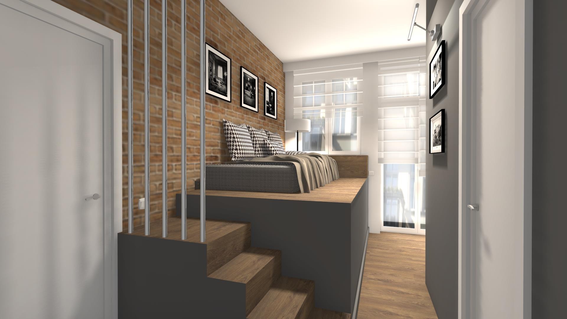 Sypialnia z łóżkiem na podeście, ceglana ściana, czarno-białe zdjęcia w ramkach, drewniane schody, białe rolety w oknie.