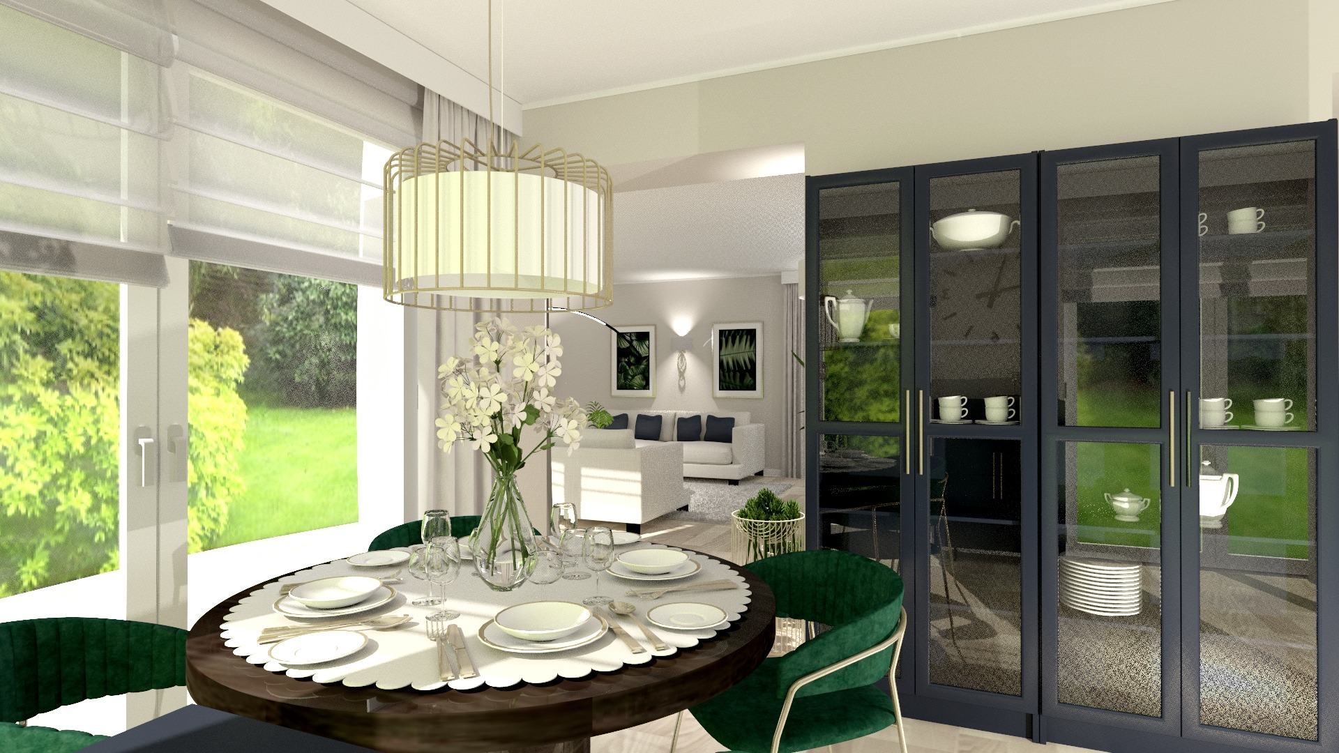 Wizualizacja jadalni z okrągłym stołem z nakryciem, zielonymi krzesłami i przeszkloną witryną na tle salonu z sofą i widokiem na ogród za oknem.
