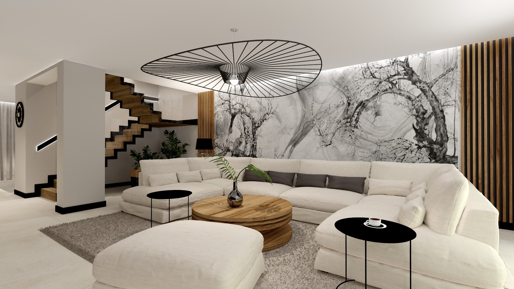 Nowoczesny salon z narożną sofą w odcieniach bieli, okrągłym drewnianym stolikiem kawowym z wazonem, czarnymi stolikami pomocniczymi i schodami z drewnianymi stopniami w tle, oświetlony designerską...