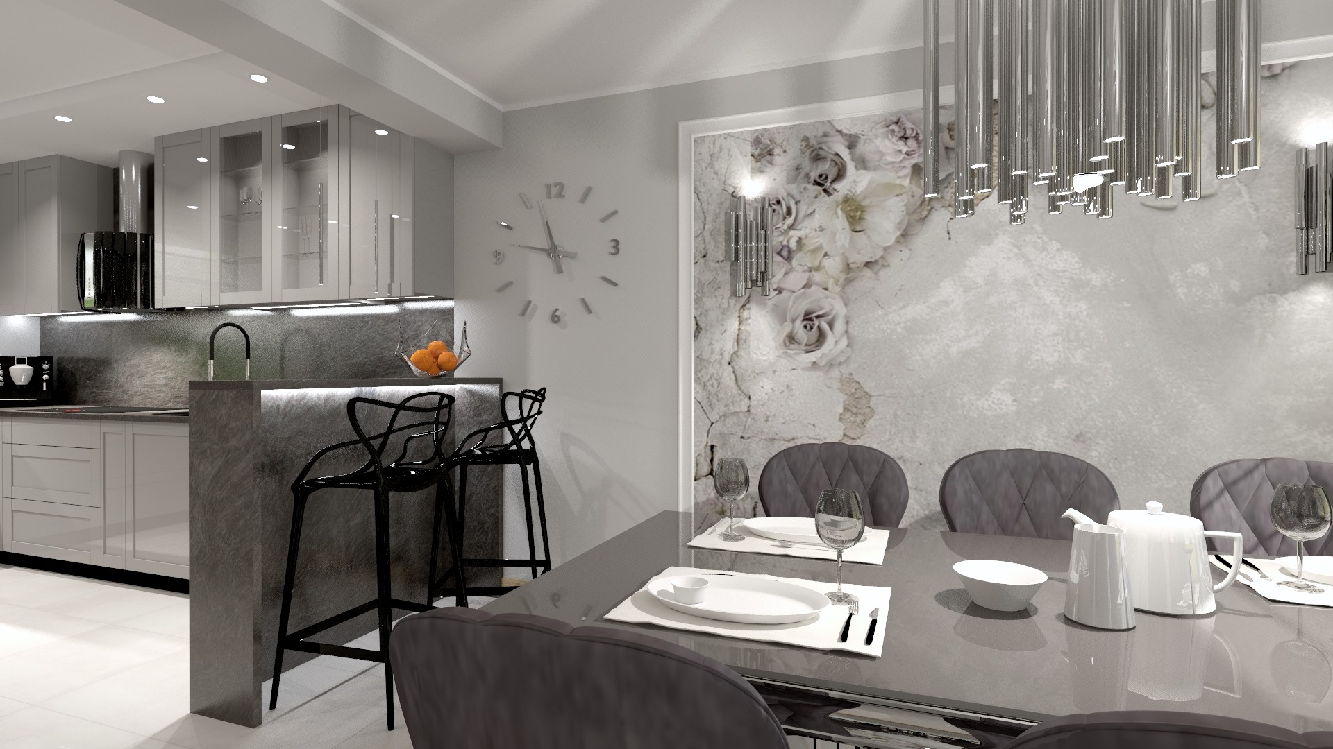 Wizualizacja nowoczesnej jadalni z aneksem kuchennym: szare meble, czarne hokery, designerska lampa nad stołem, ściana z motywem kwiatowym i zegar bez cyfr.