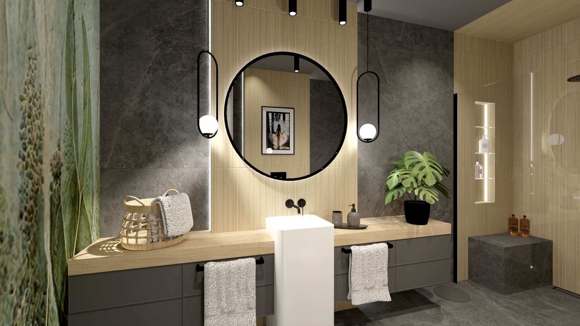 Nowoczesna łazienka z okrągłym lustrem podświetlonym lampami, białą umywalką na postumencie, drewnianymi i szarymi płytkami oraz roślinami w doniczkach.