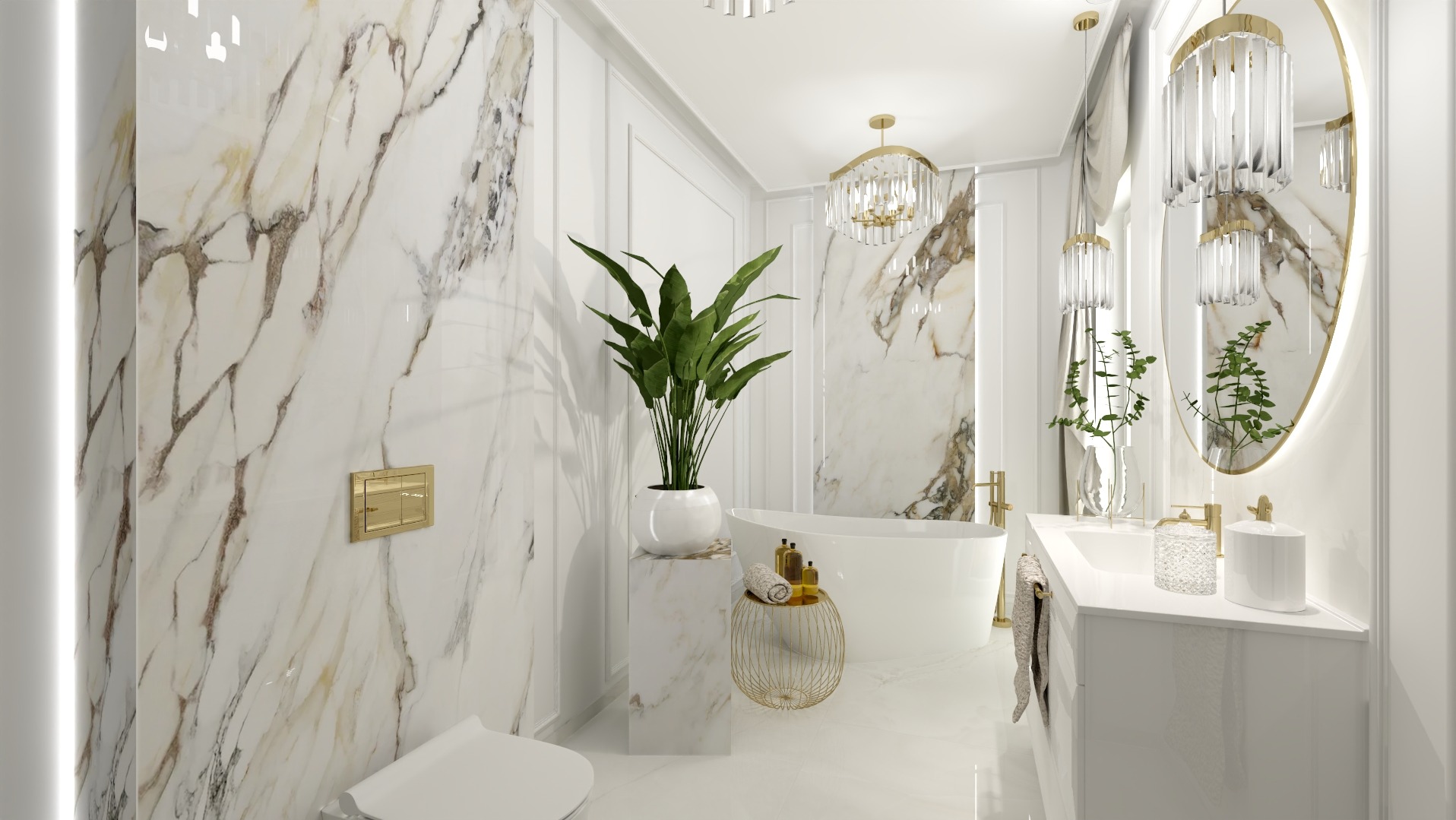 Elegancka łazienka z marmurowymi płytami, wolnostojącą wanną, roślinami w doniczkach i złotymi akcentami, takimi jak armatura i oświetlenie.