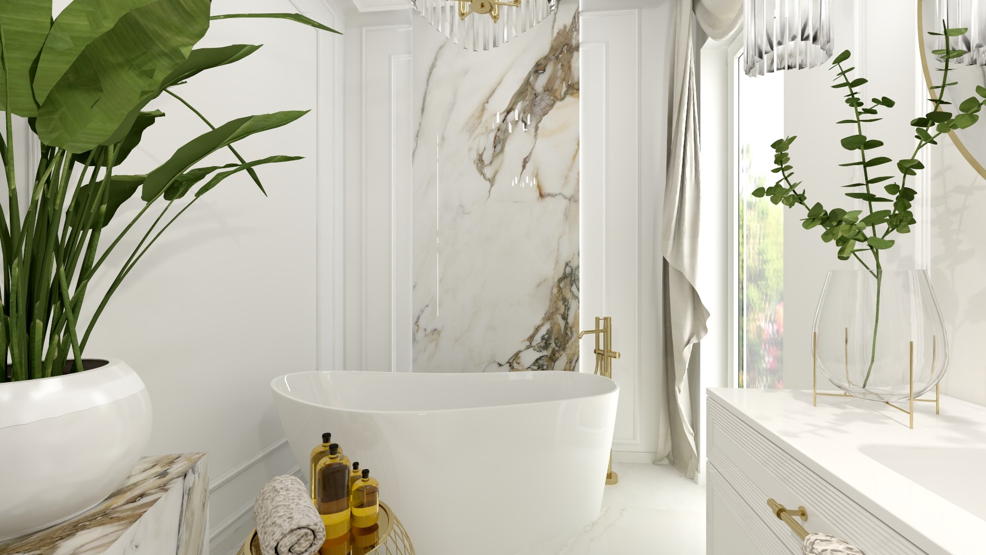 Elegancka, minimalistyczna łazienka z wolnostojącą białą wanną, marmurowym panelem ściennym i złotą armaturą, oświetlona kryształowym żyrandolem, z akcentami roślinnymi w postaci dużej rośliny...