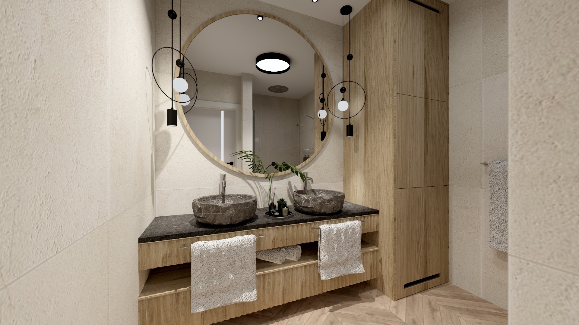 Wizualizacja łazienki z dwoma kamiennymi umywalkami, owalnym lustrem z podświetleniem, drewnianą szafką oraz wiszącymi lampami w stylu industrialnym.