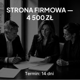 Forma Wzierunku - Trzy osoby w biznesowych strojach, w tym dwie kobiety i mężczyzna, pochylone nad dokumentami przy stole, z widoczną ofertą 'STRONA FIRMOWA – 4 500 ZŁ, Termin: 14 dni'.
