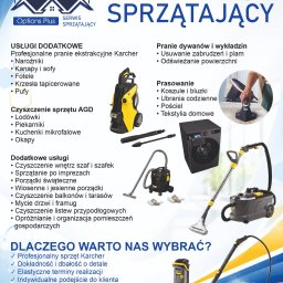 Options plus sp z o o - Promocyjna grafika serwisu sprzątającego 'Options Plus' z Częstochowy, prezentująca logo z budynkami, myjkę Karcher, odkurzacze, pralkę, żelazko oraz szczegółowy zakres usług czyszczenia, prania...