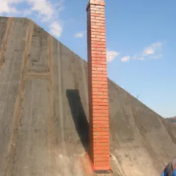 Ceglany komin na dachu budynku w Szczytnej, widoczny na tle błękitnego nieba z chmurami.