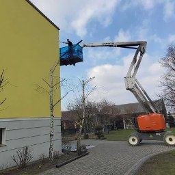 MICHAŁ GRACZYK - Pracownik w podnośniku koszowym SNORKEL wykonuje prace na żółtej elewacji budynku, prawdopodobnie czyszczenie lub malowanie. Wokół domu gołe drzewa i ścieżka z kostki.