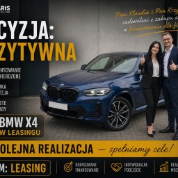 Silvaris Finanse - Uśmiechnięta para, Pani Klaudia i Pan Krzysztof, pokazuje kciuki w górę obok nowego, granatowego BMW X4, symbolizując pozytywną decyzję o leasingu firmowym.