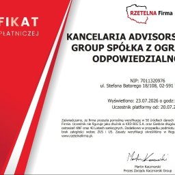 Księgowi w garniakach - biuro rachunkowe - Certyfikat Rzetelności Płatniczej dla Kancelarii Advisors Partners Group Sp. z o.o. z oceną 4.45, potwierdzający pozytywną weryfikację i brak zaległości.