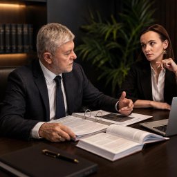 Scutum Group Polska - Starszy prawnik gestykuluje, omawiając dokumenty z młodszą prawniczką przy biurku z laptopem, w tle regał z książkami i figurka Temidy.