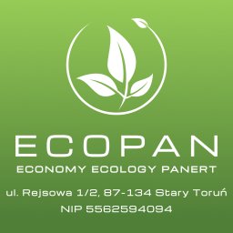 EcoPan - Logo ECOPAN: trzy białe liście w okręgu na zielonym tle, nazwa firmy, slogan 'ECONOMY ECOLOGY PANERT', adres ul. Rejsowa 1/2, Stary Toruń i NIP.