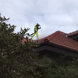 EXPLOTER - Pracownik w jaskrawożółtym kombinezonie i uprzęży bezpieczeństwa czyści czerwoną dachówkę myjką ciśnieniową, tworząc mgiełkę. Ujęcie z dołu, częściowo zasłonięte zielonymi liśćmi.