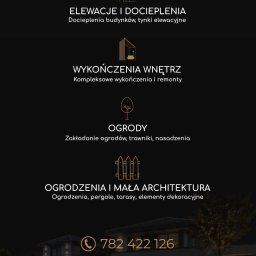 KJR Usługi Budowlane - Baner informacyjny z ofertą usług budowlanych i ogrodniczych: docieplenia, wykończenia, pielęgnacja zieleni, mała architektura. Zawiera ikony, dane kontaktowe i rozmyte tło nowoczesnego domu.