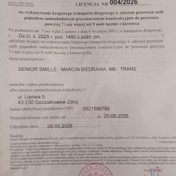 MB-Trans - Polska licencja na krajowy transport drogowy osób (7-9 pasażerów z kierowcą), wydana przez Starostę Pszczyńskiego, z widoczną pieczęcią i podpisem. Ważna do 2056.