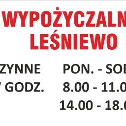 Wypożyczalnia Leśniewo - Biały baner z czerwonym napisem 'WYPOŻYCZALNIA LEŚNIEWO' i czarnymi godzinami otwarcia: pon.-sob., 8:00-11:00 i 14:00-18:00. Zawiera ikony Google Maps i Facebooka.