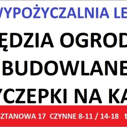 Wypożyczalnia Leśniewo - Grafika reklamowa wypożyczalni Leśniewo, oferującej narzędzia ogrodowe, budowlane i przyczepki na kat. B, z danymi kontaktowymi i ikonami Google Maps i Facebooka.