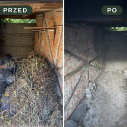 Ogrodowy Glanc - Porównanie przed i po: zagracona przestrzeń z workami śmieci, suchymi gałęziami i liśćmi, przekształcona w czyste pomieszczenie z ceglanymi ścianami i brukowaną podłogą.