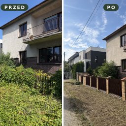 Ogrodowy Glanc - Porównanie przed i po: zarośnięty teren przed domem z bujną roślinnością zakrywającą ogrodzenie, obok ten sam obszar po uporządkowaniu i odsłonięciu brązowego płotu.