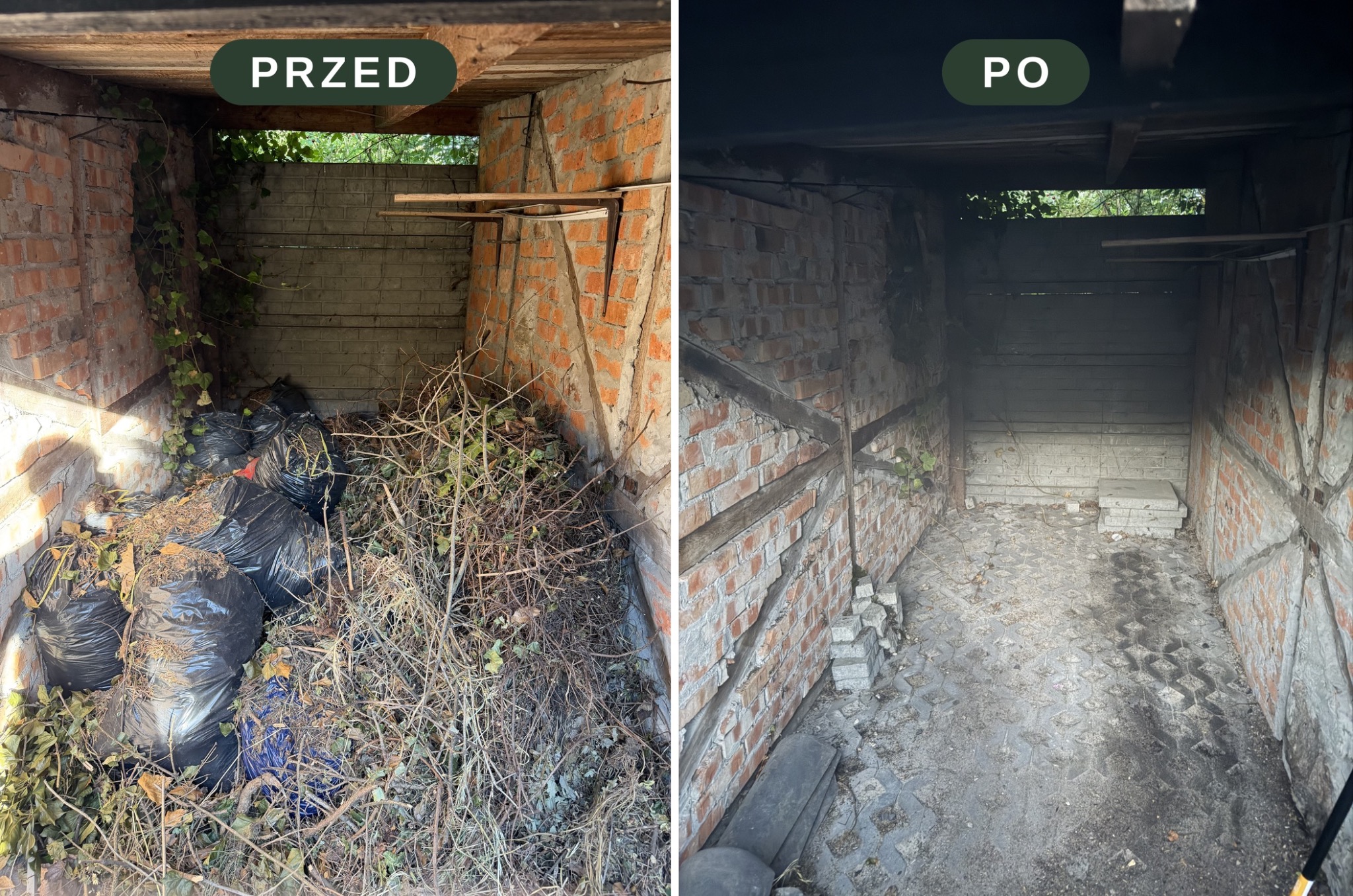 Porównanie przed i po: zagracona przestrzeń z workami śmieci, suchymi gałęziami i liśćmi, przekształcona w czyste pomieszczenie z ceglanymi ścianami i brukowaną podłogą.