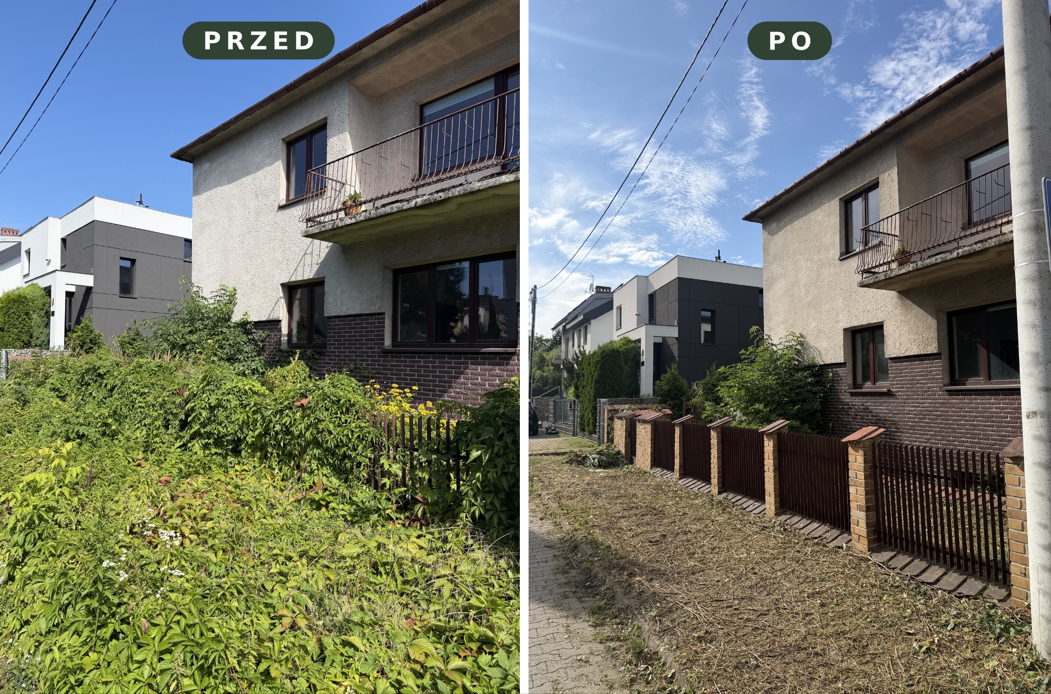 Porównanie przed i po: zarośnięty teren przed domem z bujną roślinnością zakrywającą ogrodzenie, obok ten sam obszar po uporządkowaniu i odsłonięciu brązowego płotu.